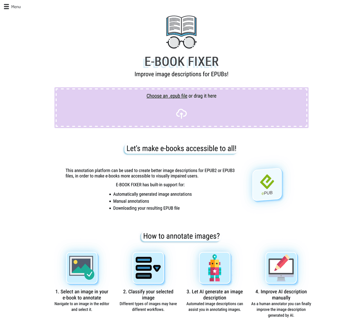 Screenshot of the E-book fixer website's front page